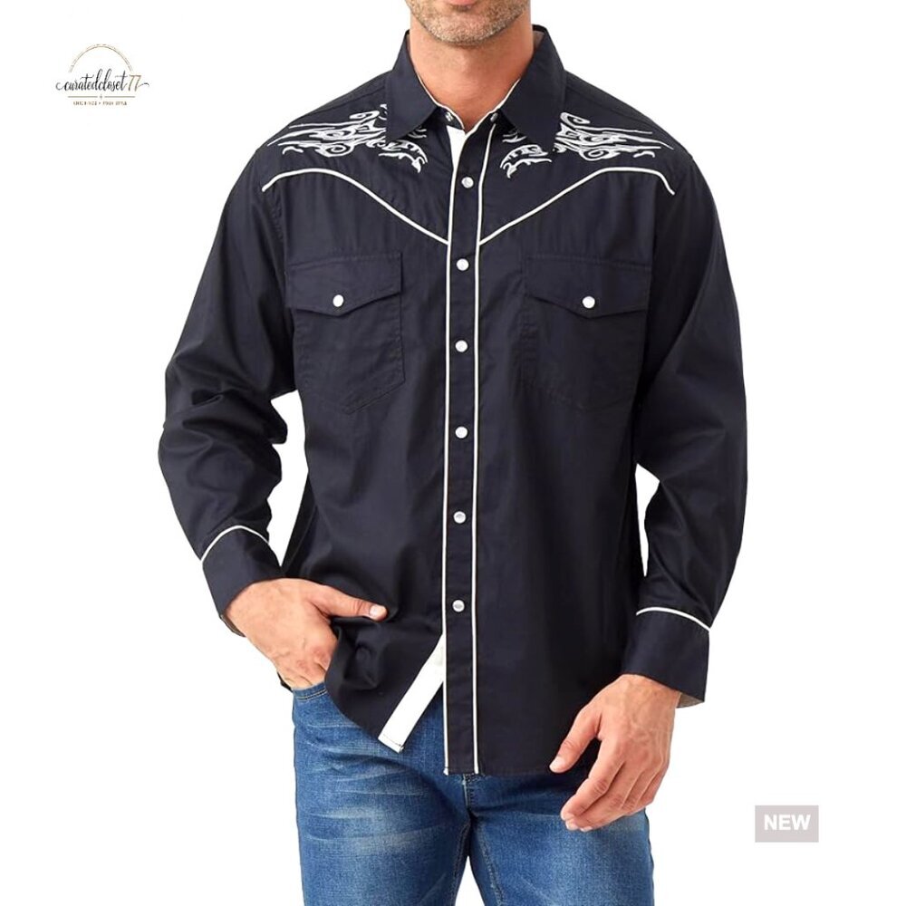 Men's Western Pearl Snap Button Up Shirt with Embroidery